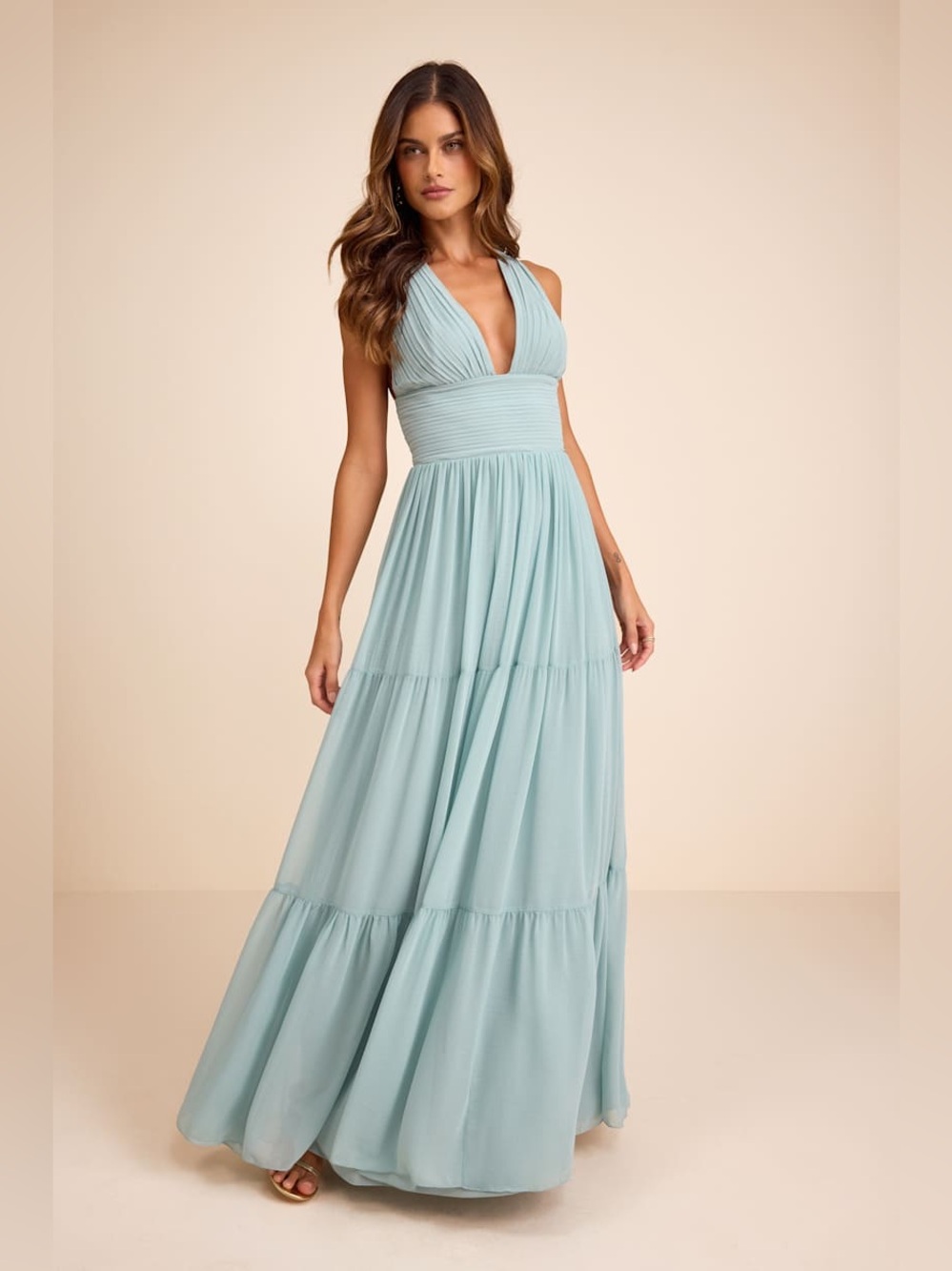 NWT Lulus Leora Light Blue Pleated Tiered Maxi Dress, Size Medium